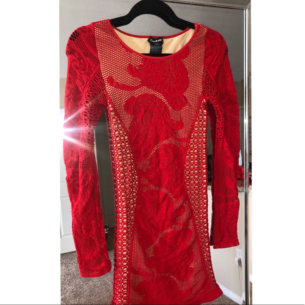Bebe red lace long sleeve dress